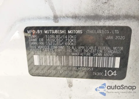 2020 Mitsubishi Mirage G4 Le из США, поврежденный, VIN ML32F4FJ6LHF08953